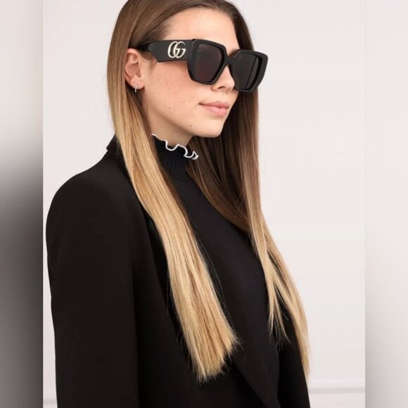 Gucci Women's Sunglasses Black Grey Gold GG Logo Oversized GG0956S 003 54-19-145 - Picture 8 of 16